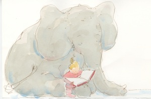 Elephant's Story by Tracey Campbell Pearson; Margaret Ferguson Books, Farrar, Straus & Giroux 2013: early sketch of Gracie Reading to Elephant.